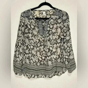 Sundance Womens Size Small Black/Beige Floral Silk Long Sleeve Boho Top